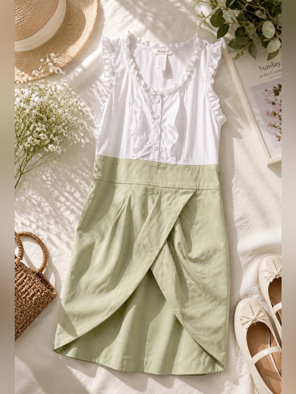 Cottagecore Ruffle White & Sage Green Dress S Tulip Skirt Feminine Spring